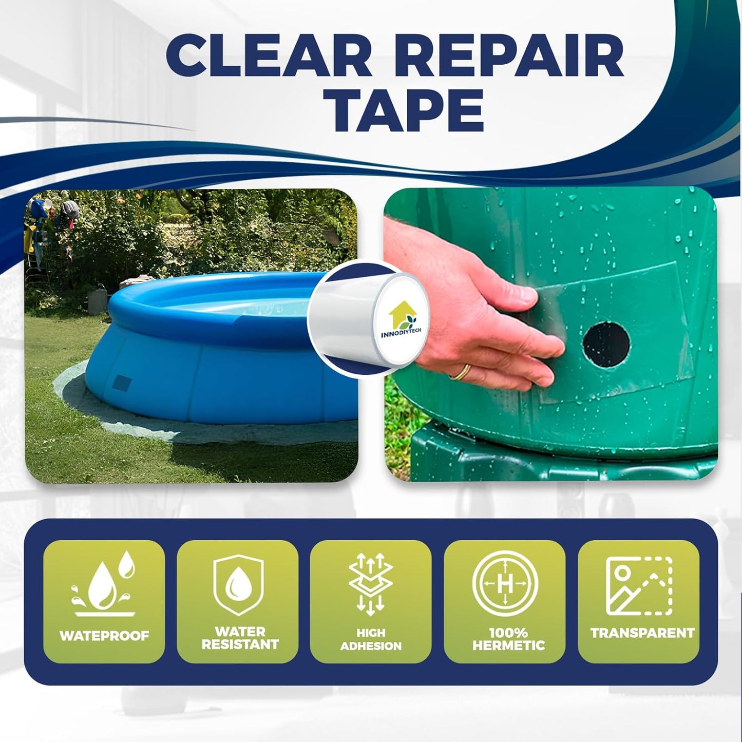 Kit pinchazos piscina 10cm x 1.5m |Parches para piscinas con agua impermeable y resistente a fugas. Parches para piscina funciona en vinilo, lonas, plástico, grietas, zonas húmedas y zonas mojadas.